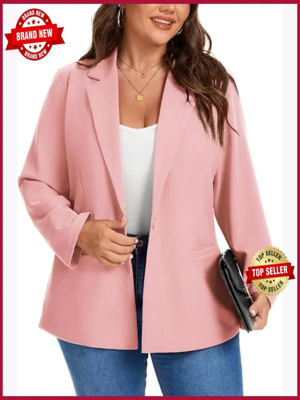 Plus Size Blazer Long Sleeve Notch Lapel Button Front Pockets Work Jacket